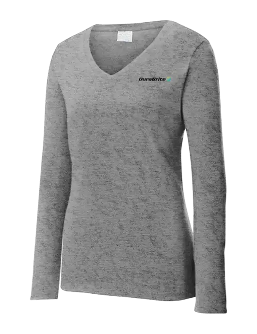 Womens  V-Neck Ring Spun Grey Heather 4.5 oz Long Sleeve T-Shirt w/DuraBrite Logo