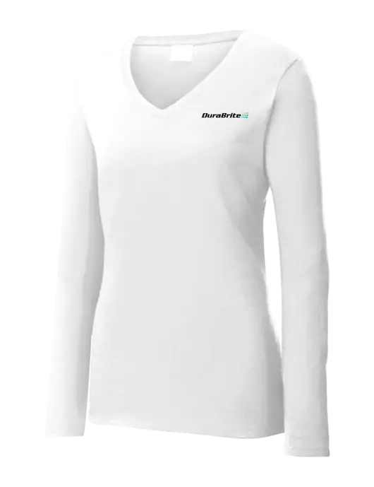 Womens  V-Neck Ring Spun White 4.5 oz Long Sleeve T-Shirt w/DuraBrite Logo