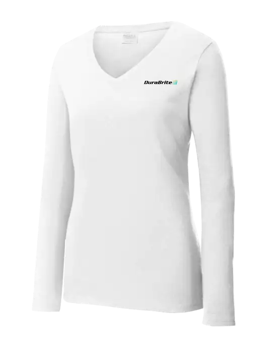 Womens  V-Neck Ring Spun White 4.5 oz Long Sleeve T-Shirt w/DuraBrite Logo