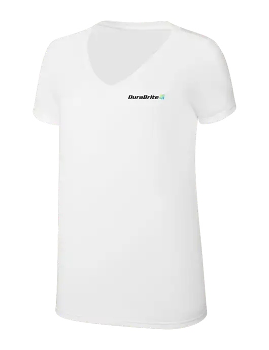 Womens Simply Soft V-Neck White 4.5oz  Poly/Combed Ring Spun Cotton T-Shirt w/DuraBrite Logo
