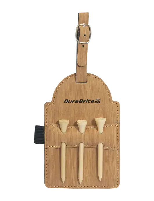 Bamboo Leatherette Golf Bag Tag with 3 Wooden Tees w/DuraBrite Logo