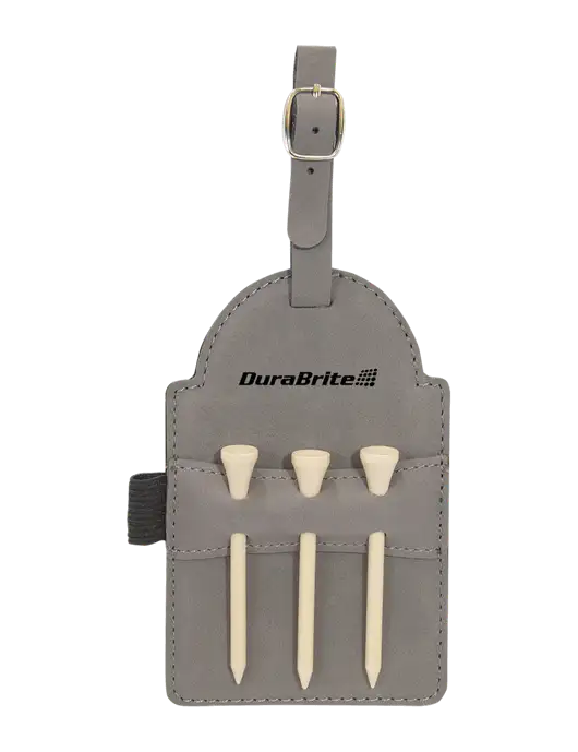 Grey Leatherette Golf Bag Tag with 3 Wooden Tees w/DuraBrite Logo