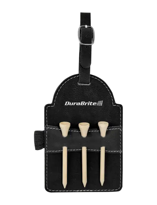 Black Leatherette Golf Bag Tag with 3 Wooden Tees w/DuraBrite Logo