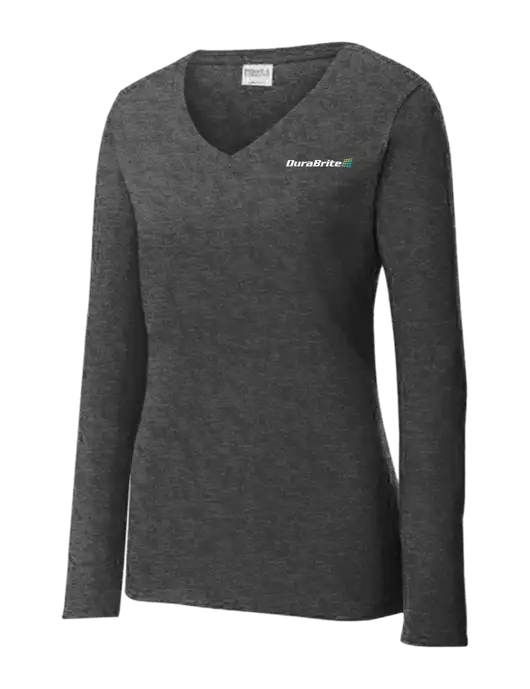 Womens  V-Neck Ring Spun Dark Heather Grey 4.5 oz Long Sleeve T-Shirt w/DuraBrite Logo