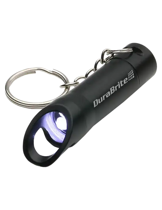 Black Pocket LED Flashlight with Bottle Opener & Keychain w/DuraBrite Logo