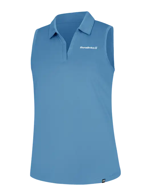 TravisMathew Womens Light Blue Heather Coto Performance Sleeveless Polo w/DuraBrite Logo