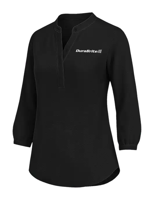 Womens Three Quarter-Sleeve Textured Black Crepe Tunic w/DuraBrite Logo