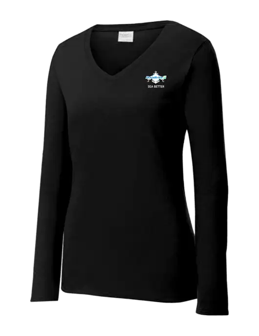 Womens V-Neck Ring Spun Jet Black 4.5 oz Long Sleeve T-Shirt w/Anchor Sea Better Logo