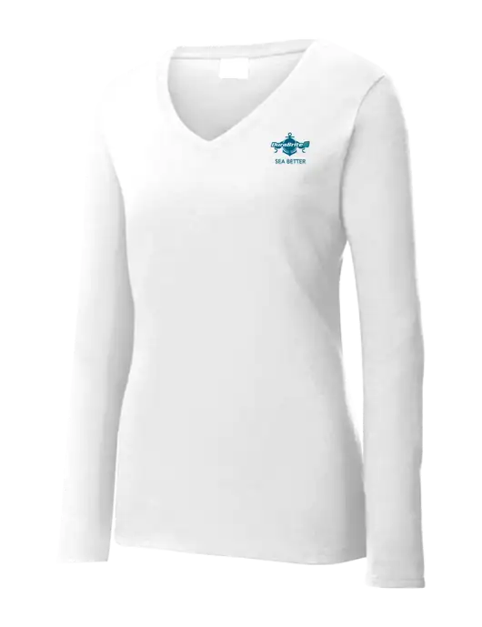Womens  V-Neck Ring Spun White 4.5 oz Long Sleeve T-Shirt w/Anchor Sea Better Logo