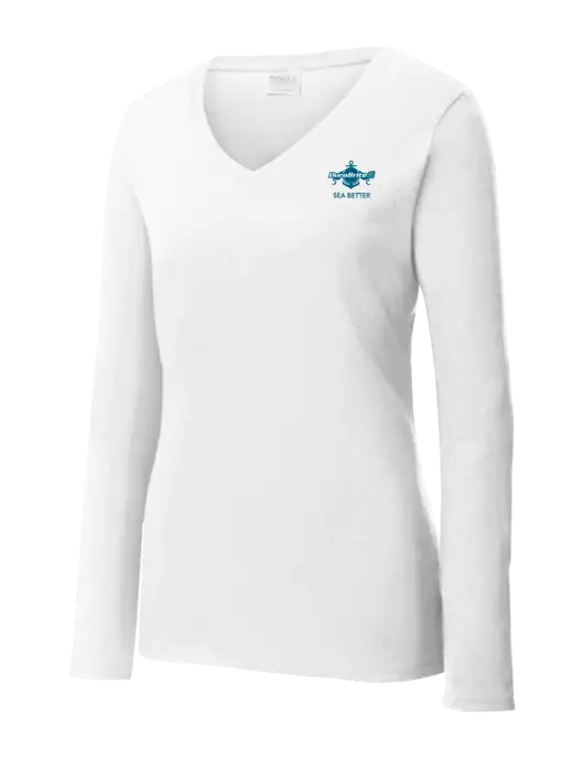 Womens  V-Neck Ring Spun White 4.5 oz Long Sleeve T-Shirt w/Anchor Sea Better Logo