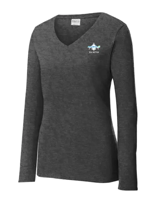 Womens  V-Neck Ring Spun Dark Heather Grey 4.5 oz Long Sleeve T-Shirt w/Anchor Sea Better Logo